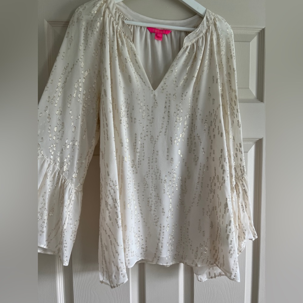 Lilly Pulitzer Coconut White Gold Clip Dot Blouse Sz L EUC